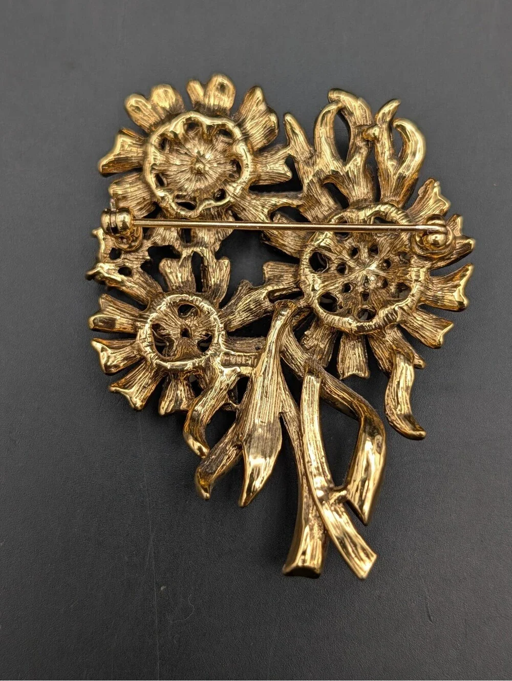Vintage Monet Floral Bouquet Brooch Pin Gold Tone Faux Pearl Rhinestone Flower